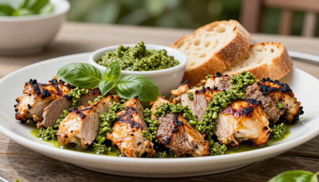 A beautifully arranged plate featuring grilled chicken and succulent cuts of meat marinated in vibrant green pesto, garnished with fresh basil leaves. The foreground highlights the juicy, charred exterior of the meats, showcasing the rich textures and glistening layers of marinade. In the middle, a small bowl of extra pesto is presented alongside rustic bread slices, enhancing the culinary display. The background is softly blurred, depicting an elegant outdoor setting with subtle hints of greenery and rustic wooden tables, allowing the dish to take center stage. Bright, natural lighting enhances the colors, creating a fresh and inviting atmosphere, while a shallow depth of field emphasizes the delicious details of the food.