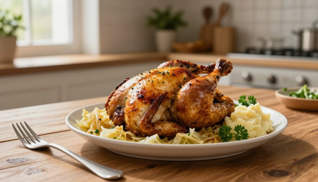 A beautifully arranged plate featuring roasted chicken nestled within a bed of sautéed fermented cabbage, showcasing golden-brown skin glistening with aromatic herbs. Surround the chicken with vibrant side dishes, such as creamy mashed potatoes and fresh parsley garnishes. In the foreground, a rustic wooden table set with elegant cutlery and a white ceramic dish holds the meal, illuminated by soft, warm light from a nearby window. The background should feature a cozy kitchen atmosphere, blurred slightly to keep the focus on the dish, with hints of cooking utensils and potted herbs. Capture the inviting, homely feel of a family meal, emphasizing the textures of the food and the warmth of the space.