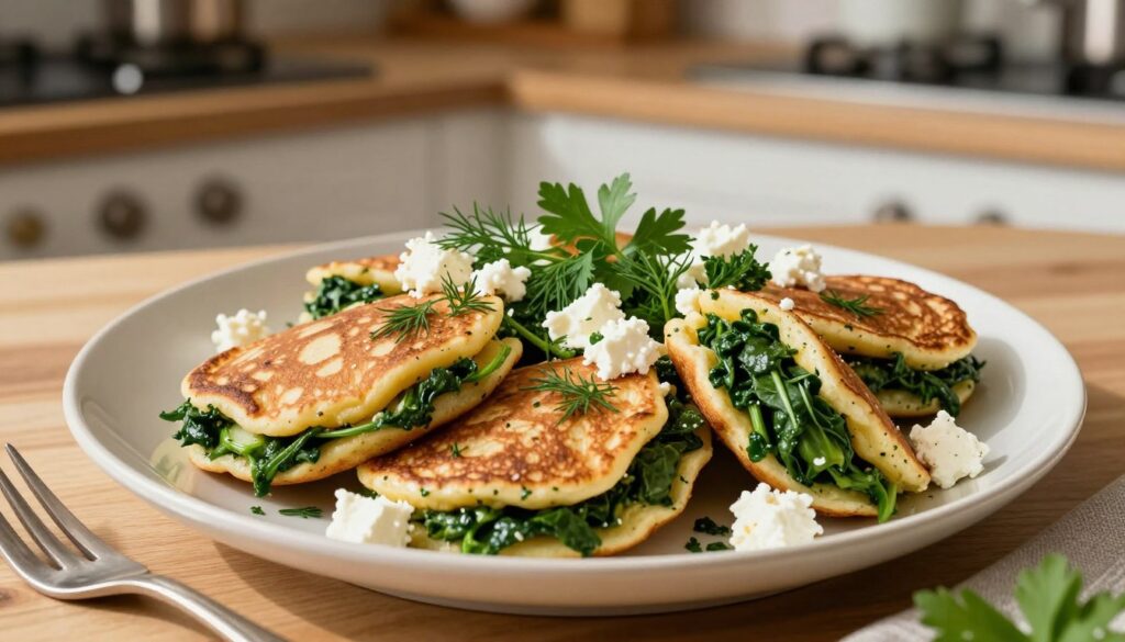 A beautifully arranged plate featuring savory pancakes filled with vibrant green spinach and crumbled feta cheese. The pancakes are garnished with fresh herbs, such as parsley or dill, adding a burst of color and freshness. In the foreground, a fork rests beside the plate, suggesting a delightful meal ready to be enjoyed. The background features a softly lit kitchen setting with wooden countertops, enhancing the home-cooked ambiance. Warm, natural lighting casts gentle shadows, creating depth and inviting imagery. The overall mood is comforting and appetizing, perfect for a hearty lunch or dinner. Capture this scene from a slightly elevated angle to highlight the details of the dish and its appealing presentation.