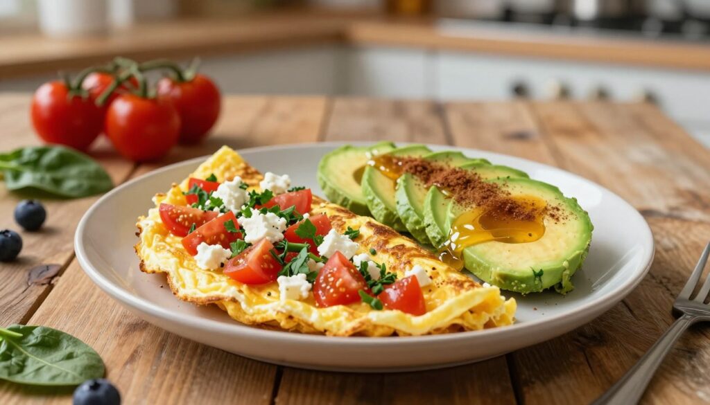 A beautifully arranged plate of a fluffy omelet topped with an array of vibrant toppings, showcasing a balance of sweet and savory options. In the foreground, a golden-brown omelet is garnished with fresh herbs, diced tomatoes, and crumbled feta cheese on one side, while the other side features slices of ripe avocado, a drizzle of honey, and a sprinkle of cinnamon. The middle ground includes a rustic wooden table with a few scattered ingredients like cherry tomatoes, spinach, and berries, adding context and texture. The background is softly blurred with a hint of a cozy kitchen setting, bathed in warm, natural light that creates an inviting atmosphere. Capture this scene from a slightly elevated angle to emphasize the array of toppings and the inviting details of the dish. A beautifully arranged plate of a fluffy omelet topped with an array of vibrant toppings, showcasing a balance of sweet and savory options. In the foreground, a golden-brown omelet is garnished with fresh herbs, diced tomatoes, and crumbled feta cheese on one side, while the other side features slices of ripe avocado, a drizzle of honey, and a sprinkle of cinnamon. The middle ground includes a rustic wooden table with a few scattered ingredients like cherry tomatoes, spinach, and berries, adding context and texture. The background is softly blurred with a hint of a cozy kitchen setting, bathed in warm, natural light that creates an inviting atmosphere. Capture this scene from a slightly elevated angle to emphasize the array of toppings and the inviting details of the dish.