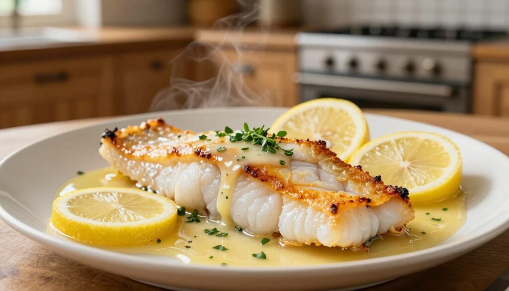 A beautifully arranged plate of baked cod fillets, glistening with a buttery sauce, garnished with fresh herbs and lemon slices. The fish's texture is highlighted, showcasing its moist and flaky interior, while the crispy, golden edges contrast with the succulent center. In the background, a softly lit kitchen ambiance, with warm tones emanating from rustic wooden cabinetry and a hint of steam rising from the oven, creates a cozy and inviting atmosphere. The shot is taken from a slightly elevated angle, emphasizing the dish's presentation, with natural light streaming in to enhance the freshness of the ingredients. The overall mood is warm and appetizing, enticing the viewer to appreciate the art of perfectly baked cod. A beautifully arranged plate of baked cod fillets, glistening with a buttery sauce, garnished with fresh herbs and lemon slices. The fish's texture is highlighted, showcasing its moist and flaky interior, while the crispy, golden edges contrast with the succulent center. In the background, a softly lit kitchen ambiance, with warm tones emanating from rustic wooden cabinetry and a hint of steam rising from the oven, creates a cozy and inviting atmosphere. The shot is taken from a slightly elevated angle, emphasizing the dish's presentation, with natural light streaming in to enhance the freshness of the ingredients. The overall mood is warm and appetizing, enticing the viewer to appreciate the art of perfectly baked cod.