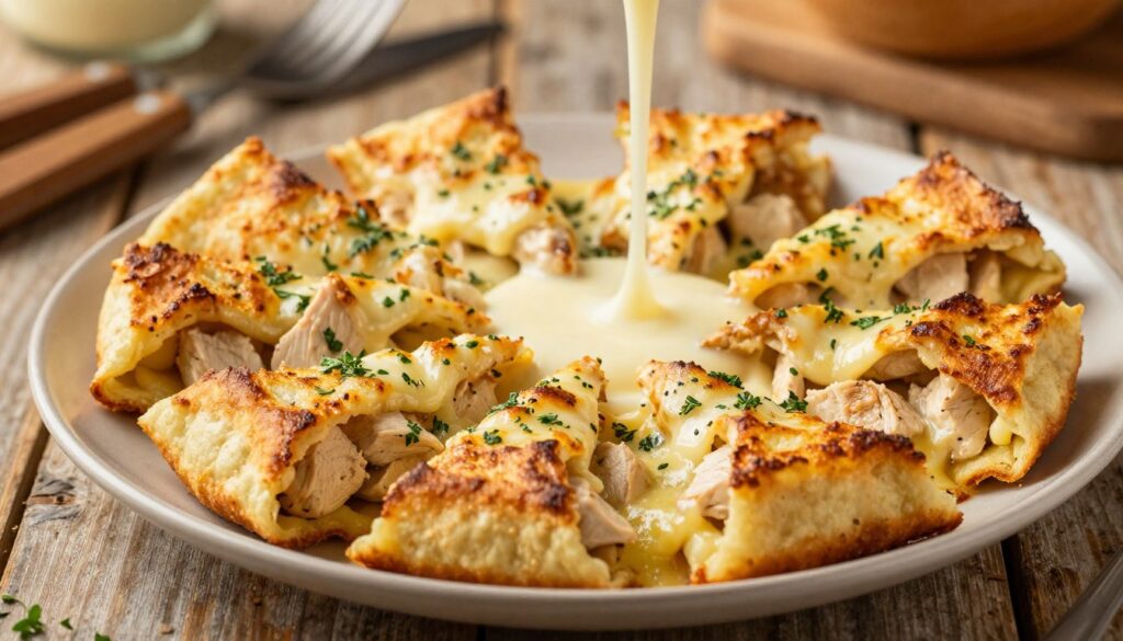 A beautifully arranged plate of baked naleśniki filled with tender, golden-brown pieces of chicken and melted cheese, oozing slightly from the edges. The foreground features the naleśniki artfully folded and sprinkled with fresh herbs, enhancing their appetizing appearance. In the middle ground, a light, creamy sauce drizzles over the dish, reflecting the warmth of the oven. The background subtly fades, with a rustic wooden table and soft-focus kitchen utensils providing a homey ambiance. The lighting is warm and inviting, casting gentle shadows that emphasize the textures of the ingredients. The overall mood is cozy and comforting, perfect for a hearty meal, capturing the essence of a fulfilling dinner. A beautifully arranged plate of baked naleśniki filled with tender, golden-brown pieces of chicken and melted cheese, oozing slightly from the edges. The foreground features the naleśniki artfully folded and sprinkled with fresh herbs, enhancing their appetizing appearance. In the middle ground, a light, creamy sauce drizzles over the dish, reflecting the warmth of the oven. The background subtly fades, with a rustic wooden table and soft-focus kitchen utensils providing a homey ambiance. The lighting is warm and inviting, casting gentle shadows that emphasize the textures of the ingredients. The overall mood is cozy and comforting, perfect for a hearty meal, capturing the essence of a fulfilling dinner.