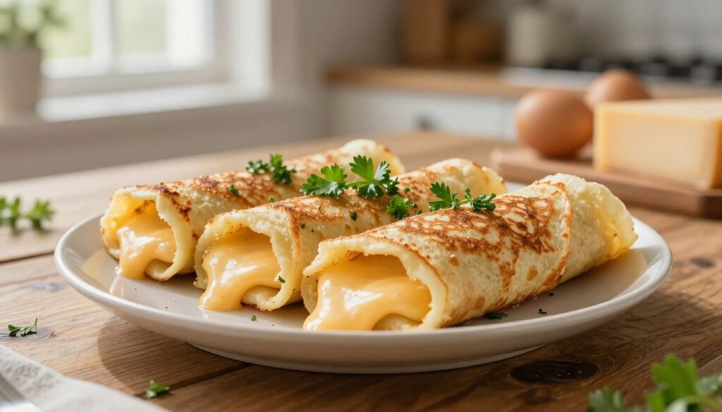 A beautifully arranged plate of baked pancakes filled with cheese, showcasing a golden-brown, slightly crisp exterior. The pancakes are neatly rolled and layered, topped with a sprinkle of fresh parsley for garnish. In the foreground, the rich, melty cheese oozes slightly from the rolled pancakes, creating an inviting look. The middle ground features a rustic wooden table with a soft-focus backdrop of a warm, cozy kitchen, illuminated by soft, natural light streaming in from a nearby window. A few additional ingredients, like eggs and a wedge of cheese, can be seen nearby, hinting at the preparation process. The overall mood is warm and inviting, perfect for a comforting meal. A beautifully arranged plate of baked pancakes filled with cheese, showcasing a golden-brown, slightly crisp exterior. The pancakes are neatly rolled and layered, topped with a sprinkle of fresh parsley for garnish. In the foreground, the rich, melty cheese oozes slightly from the rolled pancakes, creating an inviting look. The middle ground features a rustic wooden table with a soft-focus backdrop of a warm, cozy kitchen, illuminated by soft, natural light streaming in from a nearby window. A few additional ingredients, like eggs and a wedge of cheese, can be seen nearby, hinting at the preparation process. The overall mood is warm and inviting, perfect for a comforting meal.