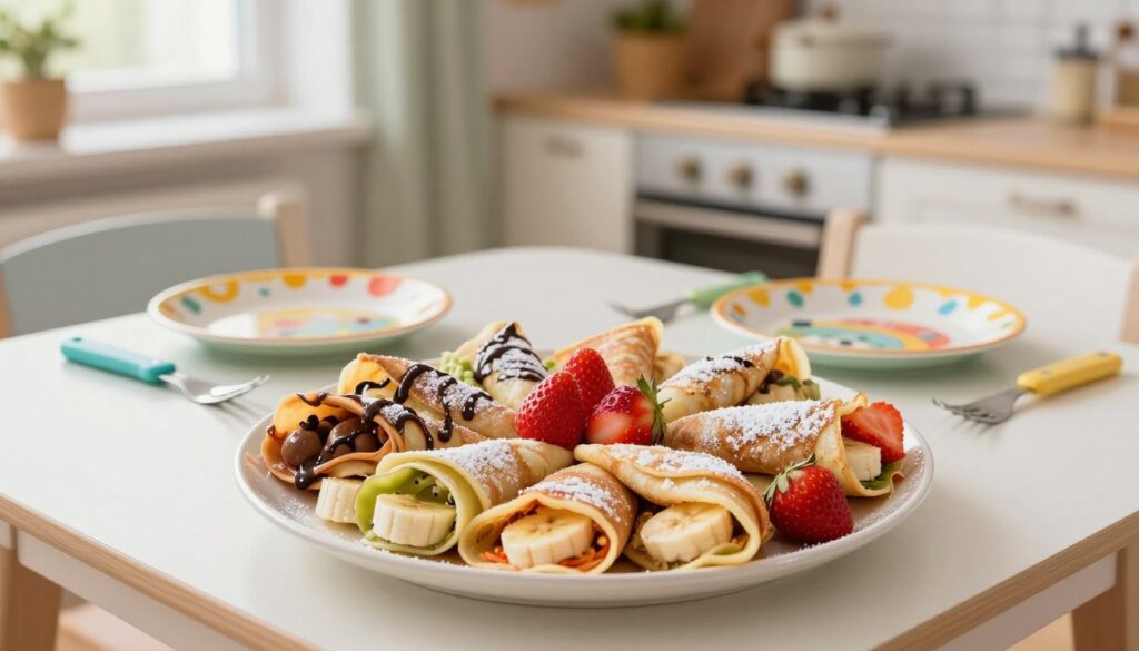 A beautifully arranged plate of colorful naleśniki (crepes) for children, stacked high and filled with a variety of safe and appealing toppings. In the foreground, the delectable crepes are lightly dusted with powdered sugar, garnished with fresh strawberries, bananas, and a drizzle of chocolate sauce. In the middle ground, a cozy, child-friendly dining table is set up, with playful, cartoon-themed plates and cutlery. Soft, natural lighting filters through a nearby window, creating a warm and inviting atmosphere. The background showcases a softly blurred kitchen scene, adding to the homely feel. This composition captures the joy and excitement of children enjoying delicious and healthy meal options.