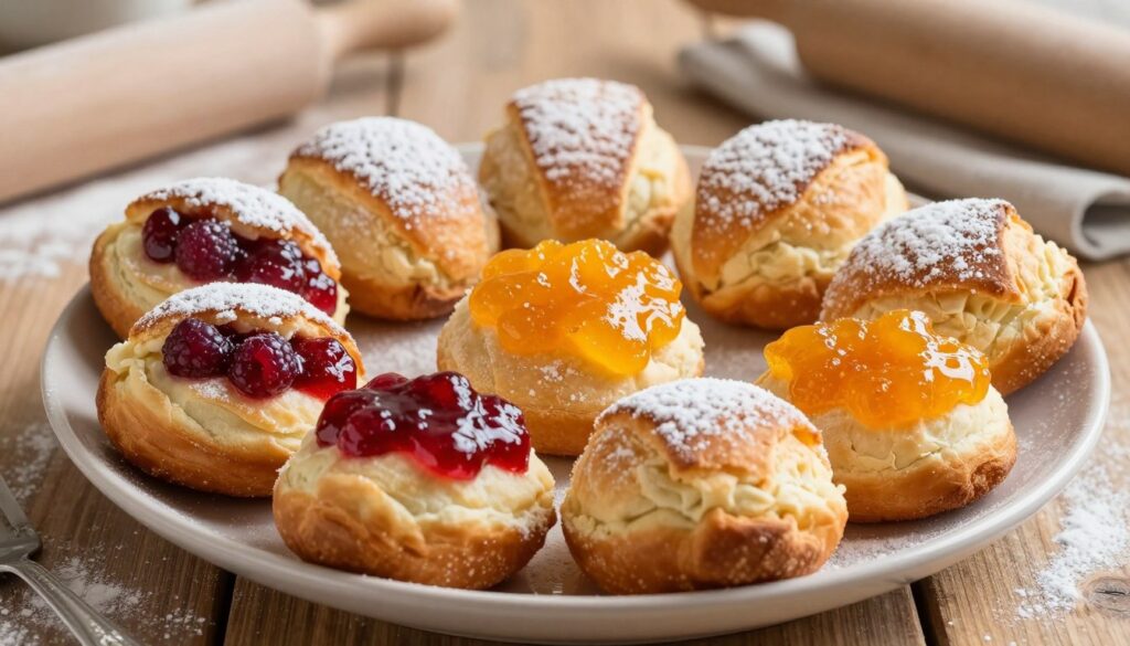 A beautifully arranged plate of freshly baked pączki, showcasing a variety of tempting fillings such as vibrant raspberry jam and rich orange marmalade, with some pastries lightly dusted with powdered sugar. In the foreground, the soft, pillowy texture of the pączki is emphasized, highlighting their golden-brown crust and slightly cracked surface. In the middle, a selection of pączki are adorned with a glossy citrus glaze, glistening under warm, natural light that casts soft shadows for a cozy feel. The background features a rustic wooden table, with hints of kitchen elements like a rolling pin and flour dust, evoking a welcoming home baking atmosphere. The mood is warm and inviting, capturing the essence of homemade delights ready to be enjoyed. A beautifully arranged plate of freshly baked pączki, showcasing a variety of tempting fillings such as vibrant raspberry jam and rich orange marmalade, with some pastries lightly dusted with powdered sugar. In the foreground, the soft, pillowy texture of the pączki is emphasized, highlighting their golden-brown crust and slightly cracked surface. In the middle, a selection of pączki are adorned with a glossy citrus glaze, glistening under warm, natural light that casts soft shadows for a cozy feel. The background features a rustic wooden table, with hints of kitchen elements like a rolling pin and flour dust, evoking a welcoming home baking atmosphere. The mood is warm and inviting, capturing the essence of homemade delights ready to be enjoyed.