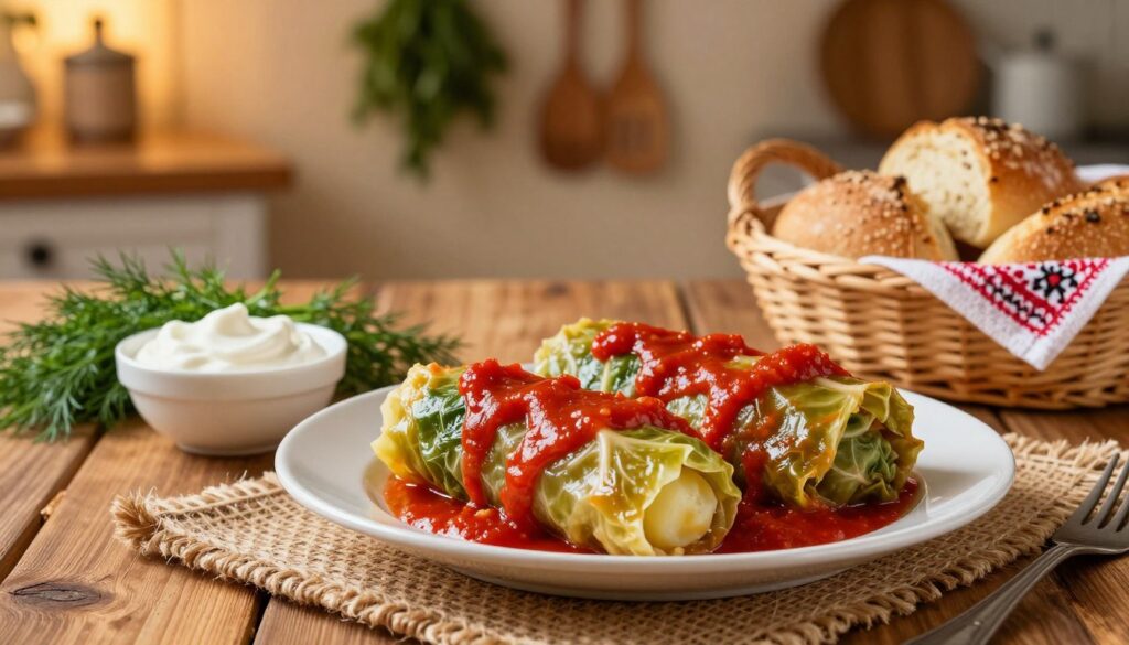 A beautifully arranged plate of "gołąbki ziemniaki" (cabbage rolls filled with potatoes) served on a rustic wooden table. In the foreground, the lush green cabbage rolls, drizzled with a rich tomato sauce, showcase their texture and vibrant colors. Beside the plate, a small bowl of sour cream and a sprig of fresh dill add a touch of elegance. In the middle ground, a traditional Polish setting is illustrated with a warm, inviting ambiance; a woven placemat under the plate, accompanied by a basket of freshly baked bread. The background features softly blurred kitchen elements, like hanging herbs and wooden utensils, to evoke a homey atmosphere. The scene is lit warmly, resembling golden hour lighting, enhancing the comforting mood of a classic Polish meal.