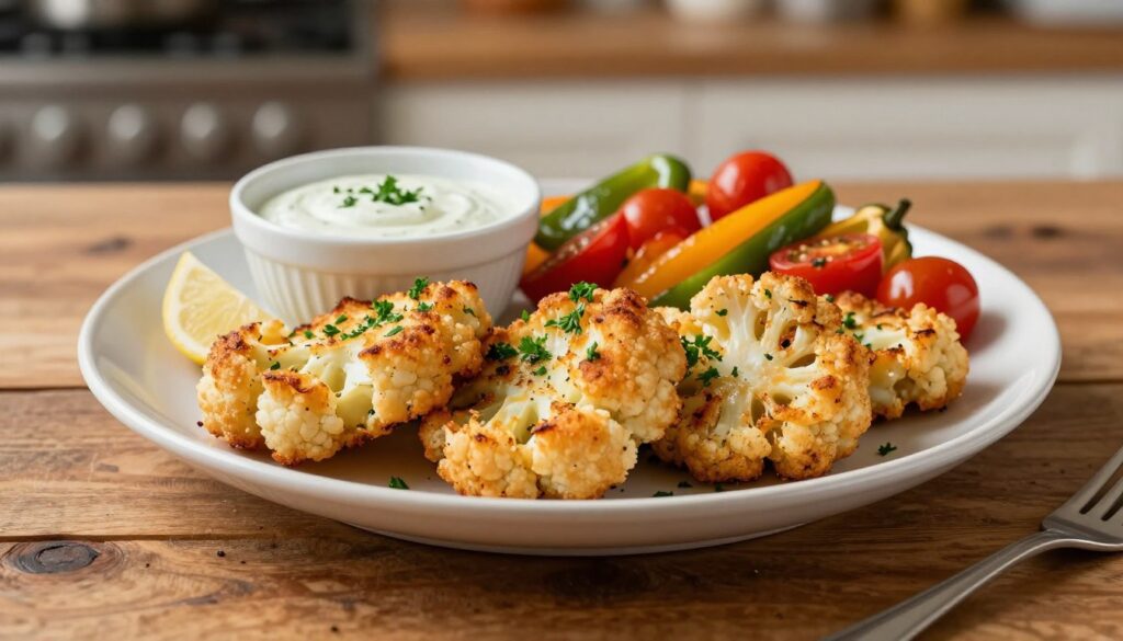 A beautifully arranged plate of golden-brown baked cauliflower cutlets, crispy on the outside and tender on the inside, topped with a sprinkle of fresh parsley. The cutlets are artfully presented on a rustic wooden table, accompanied by a small bowl of tangy dipping sauce and a side of colorful roasted vegetables like bell peppers and cherry tomatoes, creating a vibrant and inviting scene. Soft, warm lighting accentuates the textures of the food, while a blurred kitchen background, subtly hinting at an inviting home atmosphere, enhances the overall composition. The angle captures the plate from a slightly elevated perspective, providing a clear view of the delicious details, evoking a sense of warmth and satisfaction associated with homemade comfort food.