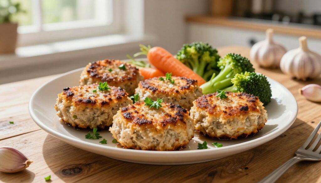 A beautifully arranged plate of golden-brown kotlety mielone, freshly baked and served on a rustic wooden table. The kotlety are garnished with finely chopped parsley and accompanied by a side of vibrant, steamed vegetables, including carrots and broccoli. In the background, a bright kitchen setting features natural light streaming through a window, adding warmth to the scene. The focus is on the juicy, tender texture of the meat patties, showcasing their crispy exterior. Soft shadows cast by the sunlight enhance the inviting atmosphere. A few fresh ingredients like garlic and onions are subtly placed in the background, hinting at the preparation process. The overall mood is homely and appetizing, perfect for showcasing a healthier version of this traditional dish. A beautifully arranged plate of golden-brown kotlety mielone, freshly baked and served on a rustic wooden table. The kotlety are garnished with finely chopped parsley and accompanied by a side of vibrant, steamed vegetables, including carrots and broccoli. In the background, a bright kitchen setting features natural light streaming through a window, adding warmth to the scene. The focus is on the juicy, tender texture of the meat patties, showcasing their crispy exterior. Soft shadows cast by the sunlight enhance the inviting atmosphere. A few fresh ingredients like garlic and onions are subtly placed in the background, hinting at the preparation process. The overall mood is homely and appetizing, perfect for showcasing a healthier version of this traditional dish.