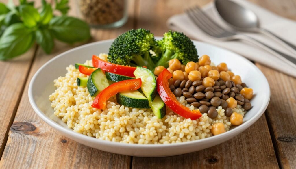 A beautifully arranged plate of millet porridge, garnished with a colorful medley of sautéed vegetables such as bell peppers, zucchini, and broccoli, along with a side of vibrant chickpeas and lentils. The dish is presented on a rustic wooden table, with a hint of sunlight illuminating the scene, creating a warm and inviting atmosphere. In the background, there are hints of fresh herbs, like parsley and basil, alongside a soft-focus view of various kitchen utensils to suggest a homely cooking environment. The angle is slightly overhead, capturing the texture of the millet and the freshness of the ingredients, emphasizing a wholesome and nutritious meal. The overall mood is cozy and inviting, perfect for a comforting lunch.