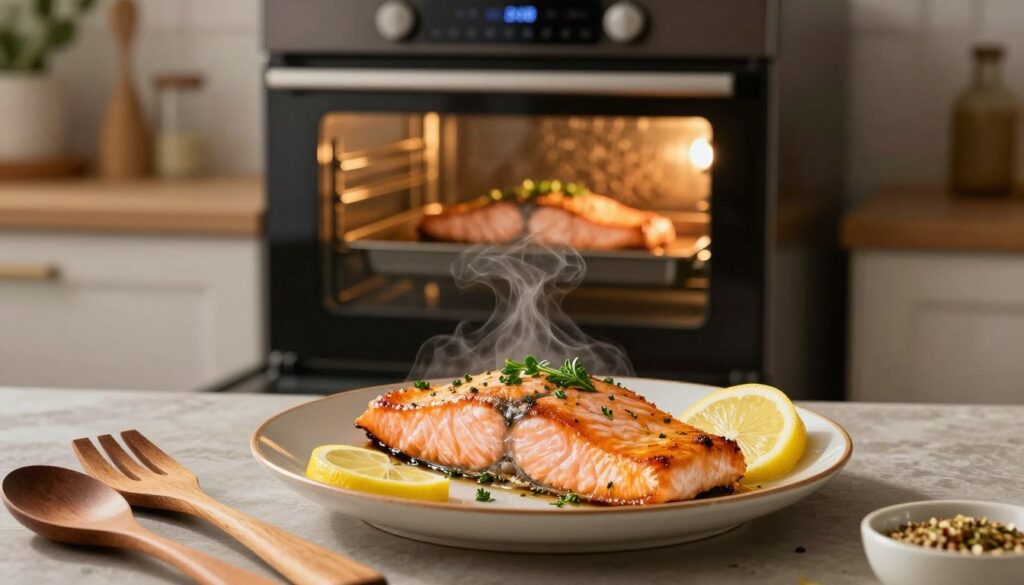 A beautifully arranged plate of oven-baked salmon fillets garnished with fresh herbs and lemon slices, showcasing a golden crust. The salmon is perfectly cooked, appearing tender and juicy, with a hint of steam rising to imply warmth. In the foreground, there are rustic, wooden utensils and a small bowl of seasoning mix, enhancing the culinary theme. The middle ground features a sleek, modern oven with a glass door, revealing the cooking salmon inside, displaying the right baking temperature indicated on a digital display. The background includes a stylish kitchen with warm, inviting lighting, creating an ambiance of coziness and skillful cooking. The scene should evoke a sense of mouthwatering anticipation and culinary expertise. A beautifully arranged plate of oven-baked salmon fillets garnished with fresh herbs and lemon slices, showcasing a golden crust. The salmon is perfectly cooked, appearing tender and juicy, with a hint of steam rising to imply warmth. In the foreground, there are rustic, wooden utensils and a small bowl of seasoning mix, enhancing the culinary theme. The middle ground features a sleek, modern oven with a glass door, revealing the cooking salmon inside, displaying the right baking temperature indicated on a digital display. The background includes a stylish kitchen with warm, inviting lighting, creating an ambiance of coziness and skillful cooking. The scene should evoke a sense of mouthwatering anticipation and culinary expertise.