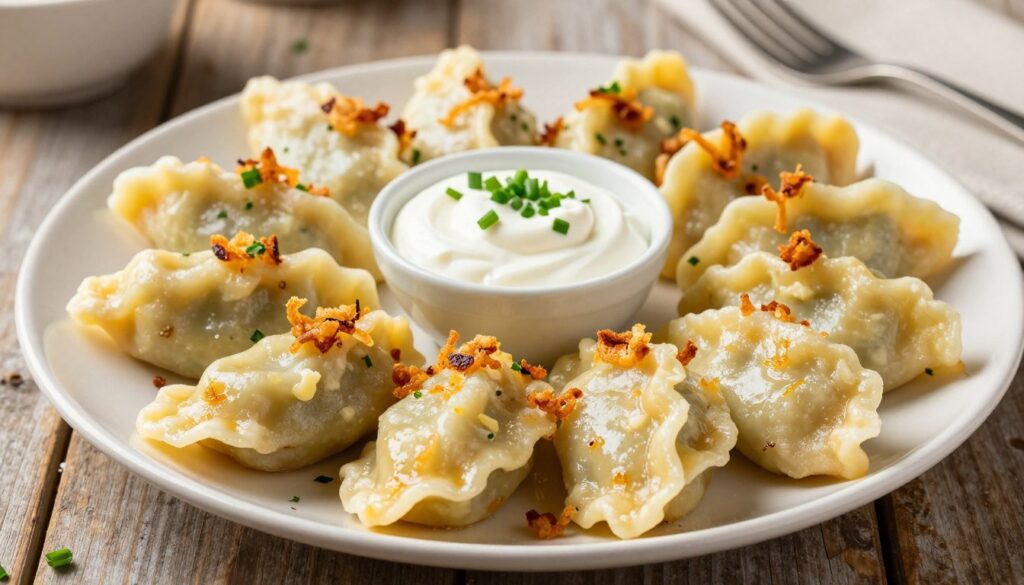 A beautifully arranged plate of pierogi, showcasing a variety of fillings such as potato and cheese, topped with crispy fried onions and fresh herbs. The foreground features a few pierogi glistening with a light sheen of butter, presenting a golden, crispy texture juxtaposed against the soft, plump dumplings. In the middle, a small bowl of sour cream and a sprinkle of chives adds a touch of vibrancy. The background features a rustic wooden table with a soft focus, enhancing the cozy, home-cooked atmosphere. Warm, natural lighting casts gentle shadows, emphasizing the textures of the pierogi and crispy toppings, inviting viewers to indulge in this hearty dish. A beautifully arranged plate of pierogi, showcasing a variety of fillings such as potato and cheese, topped with crispy fried onions and fresh herbs. The foreground features a few pierogi glistening with a light sheen of butter, presenting a golden, crispy texture juxtaposed against the soft, plump dumplings. In the middle, a small bowl of sour cream and a sprinkle of chives adds a touch of vibrancy. The background features a rustic wooden table with a soft focus, enhancing the cozy, home-cooked atmosphere. Warm, natural lighting casts gentle shadows, emphasizing the textures of the pierogi and crispy toppings, inviting viewers to indulge in this hearty dish.