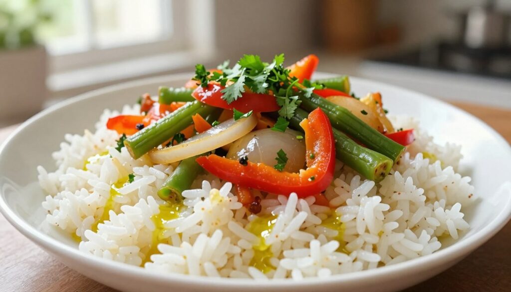 A beautifully arranged plate of rice topped with various quick savory accompaniments, including sautéed vegetables like bell peppers, onions, and green beans, as well as a sprinkle of herbs like parsley and cilantro. The foreground features a simple white bowl of rice glistening with a drizzle of olive oil. In the middle, colorful ingredients sit harmoniously on the rice, showcasing vibrant colors and textures. The background is softly blurred, suggesting a cozy kitchen setting with warm, natural light filtering through a window, creating an inviting and homey mood. The focus is on the delicious meal, with a slight overhead angle to emphasize the abundance of flavors and freshness of the ingredients.