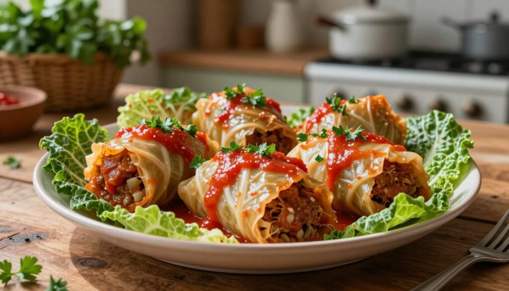 A beautifully arranged plate of stuffed cabbage rolls, known as "gołąbki," nestled among vibrant green cabbage leaves. The gołąbki are glistening with a rich tomato sauce, garnished with a sprinkle of fresh parsley. The foreground features a close-up perspective, highlighting the texture of the cabbage and the succulent filling. In the middle, a rustic wooden table sets a warm, inviting tone. Soft, natural light filters in, casting gentle shadows and enhancing the colors of the dish. In the background, a faint glimpse of an old-fashioned kitchen, complete with pots and herbs, evokes the warmth of home cooking. The overall atmosphere is cozy and appetizing, making the viewer crave a taste of these delicious rolls.
