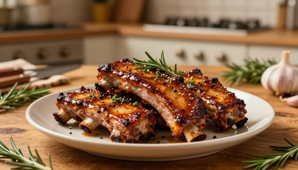 A beautifully arranged plate of succulent, oven-roasted pork ribs garnished with fresh herbs, seated on a rustic wooden table. The ribs glisten with a rich, caramelized glaze, showcasing a tantalizing array of spices. In the background, a warm kitchen ambiance is created with soft, golden lighting that highlights the ribs’ texture and warmth. The focus should be on the ribs in the foreground, with a blurred effect on kitchen utensils and fresh vegetables like garlic and rosemary placed artistically around the plate. This composition conveys a cozy, inviting atmosphere, suggesting a home-cooked meal, evoking feelings of comfort and delight. A close-up angle that enhances the vivid colors and intricate details of the dish will give an appetizing appeal.