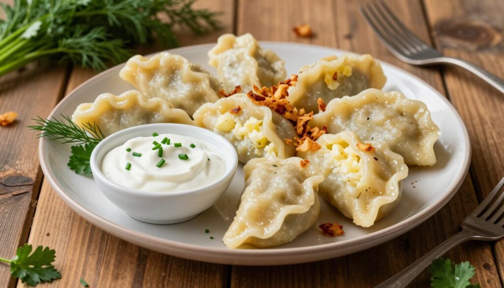 A beautifully arranged plate of traditional pierogi ruskie, showcasing golden-brown dumplings filled with creamy potato and cheese. In the foreground, a small dish of fresh sour cream with chives sits artfully next to the pierogi. A sprinkle of crispy fried onions enhances the visual appeal, while fresh herbs like dill and parsley are artistically placed around the scene. The background features a rustic wooden table with warm ambient lighting that casts gentle shadows, creating an inviting atmosphere. The image is captured from a slightly elevated angle to highlight the textures of the pierogi and the accompanying toppings, evoking a cozy and homely feeling, perfect for showcasing classic Polish cuisine. A beautifully arranged plate of traditional pierogi ruskie, showcasing golden-brown dumplings filled with creamy potato and cheese. In the foreground, a small dish of fresh sour cream with chives sits artfully next to the pierogi. A sprinkle of crispy fried onions enhances the visual appeal, while fresh herbs like dill and parsley are artistically placed around the scene. The background features a rustic wooden table with warm ambient lighting that casts gentle shadows, creating an inviting atmosphere. The image is captured from a slightly elevated angle to highlight the textures of the pierogi and the accompanying toppings, evoking a cozy and homely feeling, perfect for showcasing classic Polish cuisine.