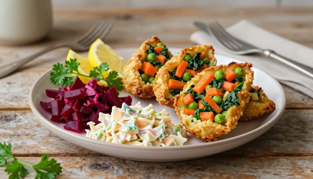 A beautifully arranged plate of vegetarian krokiety, showcasing golden-brown, crispy pastries filled with a vibrant mix of carrots, peas, and spinach. In the foreground, fresh, colorful vegetable sides such as tangy beetroot salad and creamy coleslaw add visual appeal. Sprigs of parsley and slices of lemon serve as garnishes enhancing the dish's freshness. The middle ground features a rustic wooden table setting, with a soft focus on a vintage fork and knife beside the plate, creating a cozy atmosphere. Soft, natural lighting illuminates the scene from the side, casting gentle shadows and highlighting the textures of the ingredients. The overall mood is inviting and warm, perfect for a delicious meal.