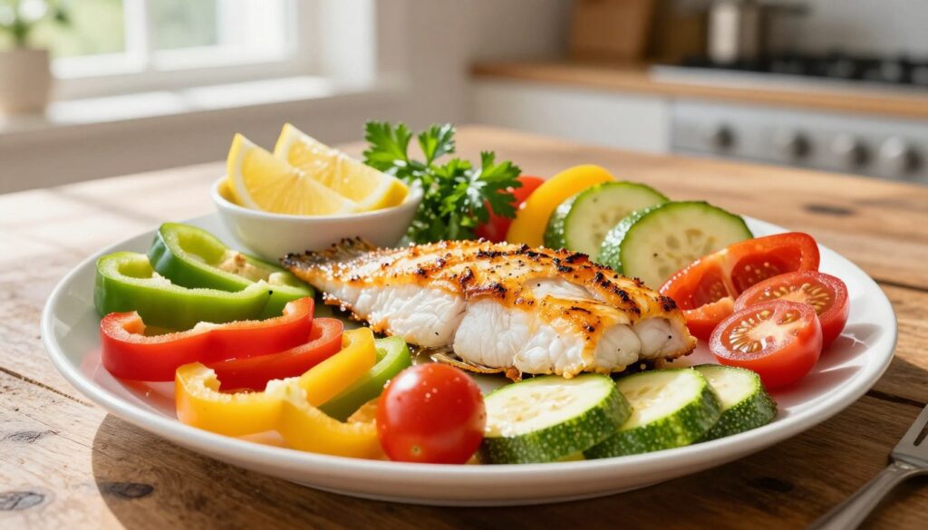 A beautifully arranged plate of vibrant, fresh vegetables to complement a baked fish dish. The foreground features a medley of colorful bell peppers, bright green zucchini slices, and juicy cherry tomatoes, artfully spread around a golden-crusted, oven-baked fish fillet. In the middle ground, add a small bowl of tangy lemon wedges and a sprig of fresh parsley for garnish. The background showcases a rustic wooden table setting with a softly blurred kitchen ambiance, providing a warm and inviting atmosphere. Natural sunlight streams in from a nearby window, casting a gentle glow on the vegetables, enhancing their colors. The scene conveys a healthy, delicious vibe, perfect for illustrating a delightful meal pairing, focusing solely on the vegetables without any distractions. A beautifully arranged plate of vibrant, fresh vegetables to complement a baked fish dish. The foreground features a medley of colorful bell peppers, bright green zucchini slices, and juicy cherry tomatoes, artfully spread around a golden-crusted, oven-baked fish fillet. In the middle ground, add a small bowl of tangy lemon wedges and a sprig of fresh parsley for garnish. The background showcases a rustic wooden table setting with a softly blurred kitchen ambiance, providing a warm and inviting atmosphere. Natural sunlight streams in from a nearby window, casting a gentle glow on the vegetables, enhancing their colors. The scene conveys a healthy, delicious vibe, perfect for illustrating a delightful meal pairing, focusing solely on the vegetables without any distractions.