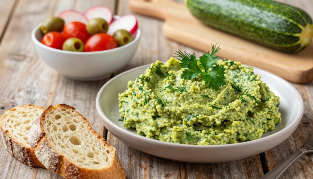 A beautifully arranged plate of zucchini pâté, showcasing its rich green color and creamy texture, garnished with fresh herbs like dill and parsley. In the foreground, an artisanal bread loaf sliced into thick pieces lies invitingly, ready to complement the pâté. In the middle ground, a small bowl filled with colorful toppings such as cherry tomatoes, olives, and radishes adds brightness and variety, hinting at gluten-free, vegan options. The background features a rustic wooden table with a natural, warm light filtering through, creating a cozy and inviting atmosphere. The composition emphasizes health-conscious eating and showcases the versatility of zucchini pâté, making it the perfect dish for different dietary preferences.