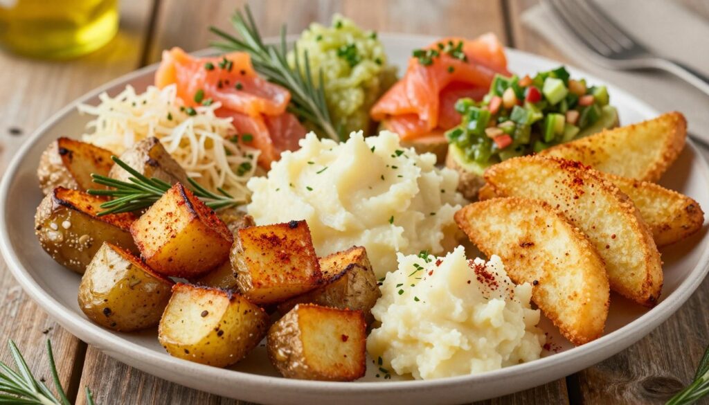 A beautifully arranged platter showcasing unexpected potato pairings, with a variety of cooked potatoes in different shapes and textures as the foreground. Include crispy roasted cubes, creamy mashed dollops, and golden fried wedges, all garnished with vibrant herbs and spices, such as rosemary and paprika. In the middle, include an assortment of unique toppings like smoked salmon, tangy sauerkraut, and zesty salsa verde, artistically presented. The background features a rustic wooden table with soft, natural lighting, creating a warm and inviting atmosphere. Capture the image from a slightly elevated angle to emphasize the vibrant colors and textures, encouraging a sense of culinary exploration and adventure.