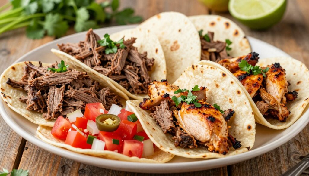A beautifully arranged platter showcasing various meat fillings for tortillas, featuring shredded beef, grilled chicken, and seasoned pork, garnished with fresh herbs. In the foreground, the vibrant colors of diced tomatoes, onions, and jalapeños add contrast to the warm tones of the meats. The middle ground displays soft, warm tortillas, slightly charred on the edges, invitingly stacked. The background features a rustic wooden table setting, with hints of fresh cilantro and lime halves, enhancing the overall aesthetic. Soft, diffused lighting highlights the textures and colors, creating an inviting and appetizing atmosphere. The image captures a cozy, casual dining vibe, perfect for quick meals. A beautifully arranged platter showcasing various meat fillings for tortillas, featuring shredded beef, grilled chicken, and seasoned pork, garnished with fresh herbs. In the foreground, the vibrant colors of diced tomatoes, onions, and jalapeños add contrast to the warm tones of the meats. The middle ground displays soft, warm tortillas, slightly charred on the edges, invitingly stacked. The background features a rustic wooden table setting, with hints of fresh cilantro and lime halves, enhancing the overall aesthetic. Soft, diffused lighting highlights the textures and colors, creating an inviting and appetizing atmosphere. The image captures a cozy, casual dining vibe, perfect for quick meals.