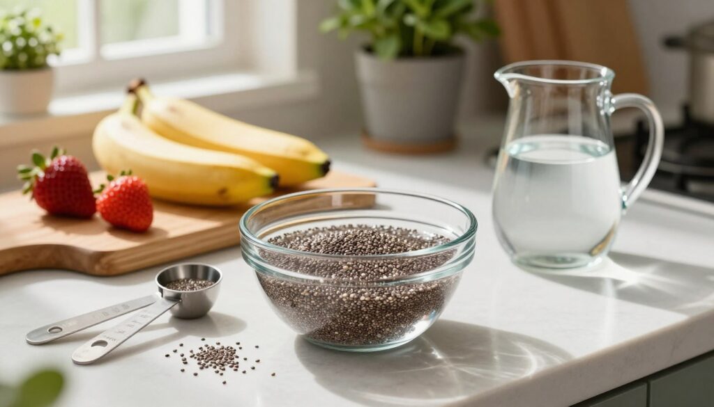 A beautifully arranged scene depicting the preparation of chia seeds, focusing on the ideal water proportions. In the foreground, a clear glass bowl filled with plump chia seeds soaking in crystal-clear water, showing a transformation in texture. Surrounding the bowl, there are measuring spoons and a small jug of water, emphasizing the precise ratio. In the middle, a stylish countertop setting with a bamboo cutting board featuring fresh fruits like bananas and strawberries, adding color and vitality. Soft, natural lighting filters through a nearby window, casting gentle shadows and creating a warm, inviting atmosphere. The background features blurred kitchen elements like a potted herb plant and utensils, enhancing the homely kitchen vibe. The overall mood is fresh, vibrant, and focused on healthy meal preparation. A beautifully arranged scene depicting the preparation of chia seeds, focusing on the ideal water proportions. In the foreground, a clear glass bowl filled with plump chia seeds soaking in crystal-clear water, showing a transformation in texture. Surrounding the bowl, there are measuring spoons and a small jug of water, emphasizing the precise ratio. In the middle, a stylish countertop setting with a bamboo cutting board featuring fresh fruits like bananas and strawberries, adding color and vitality. Soft, natural lighting filters through a nearby window, casting gentle shadows and creating a warm, inviting atmosphere. The background features blurred kitchen elements like a potted herb plant and utensils, enhancing the homely kitchen vibe. The overall mood is fresh, vibrant, and focused on healthy meal preparation.