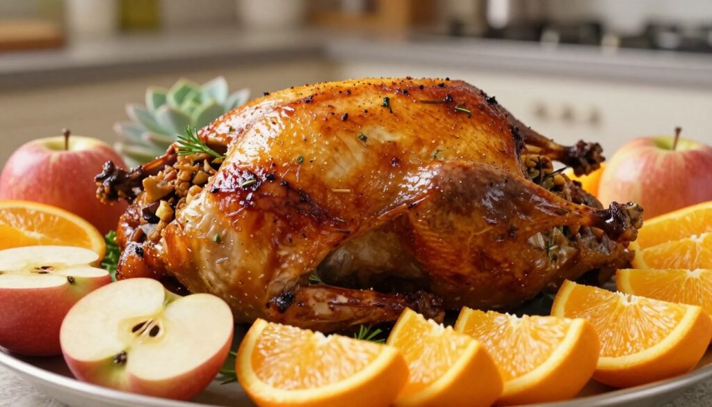 A beautifully arranged scene featuring a succulent roasted duck surrounded by fresh apples and vibrant oranges, showcasing the delicious stuffing that enhances the flavor of the dish. In the foreground, focus on the glossy, golden-brown skin of the duck, with visible herbs and spices gently caramelized. Juicy slices of apples, some quartered and others whole, and bright orange segments should be artistically placed around the duck, accentuating the dish’s freshness. The background should be softly blurred, hinting at a cozy kitchen setting with warm, inviting lighting. The scene should evoke a warm and festive atmosphere, perfect for a family gathering, captured from a slightly elevated angle to emphasize the vibrant colors and textures of the ingredients. A beautifully arranged scene featuring a succulent roasted duck surrounded by fresh apples and vibrant oranges, showcasing the delicious stuffing that enhances the flavor of the dish. In the foreground, focus on the glossy, golden-brown skin of the duck, with visible herbs and spices gently caramelized. Juicy slices of apples, some quartered and others whole, and bright orange segments should be artistically placed around the duck, accentuating the dish’s freshness. The background should be softly blurred, hinting at a cozy kitchen setting with warm, inviting lighting. The scene should evoke a warm and festive atmosphere, perfect for a family gathering, captured from a slightly elevated angle to emphasize the vibrant colors and textures of the ingredients.