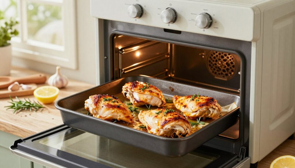 A beautifully arranged scene featuring succulent chicken breasts baking in a modern oven. The foreground highlights the tender chicken pieces, golden and perfectly browned, glistening with a light coat of herbs and spices. In the middle, the oven door is slightly ajar, revealing a warm glow emanating from inside, showcasing the cooking process. The background includes a rustic kitchen countertop adorned with fresh ingredients such as rosemary, garlic, and slices of lemon, adding color and texture to the setting. Natural light filters through a nearby window, creating a warm, inviting atmosphere that emphasizes the deliciousness of the dish. The image should evoke a sense of home-cooked comfort and culinary delight.