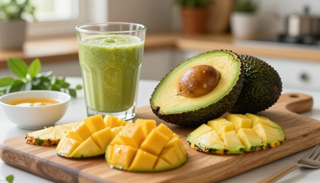 A beautifully arranged scene of a ripe avocado split open, its creamy green flesh glistening under soft, natural light. In the foreground, show a variety of sweet toppings artfully placed next to the avocado, such as a vibrant smoothie in a clear glass, fruit puree, and slices of tropical fruits like mango and pineapple. The middle ground should feature a wooden serving board with a few small bowls holding honey and yogurt, adding a rustic charm to the image. In the background, a cozy kitchen setting with blurred elements like fresh herbs and potted plants provides warmth and a homely atmosphere. The composition should look inviting and fresh, evoking a sense of delicious possibilities and healthy eating. A beautifully arranged scene of a ripe avocado split open, its creamy green flesh glistening under soft, natural light. In the foreground, show a variety of sweet toppings artfully placed next to the avocado, such as a vibrant smoothie in a clear glass, fruit puree, and slices of tropical fruits like mango and pineapple. The middle ground should feature a wooden serving board with a few small bowls holding honey and yogurt, adding a rustic charm to the image. In the background, a cozy kitchen setting with blurred elements like fresh herbs and potted plants provides warmth and a homely atmosphere. The composition should look inviting and fresh, evoking a sense of delicious possibilities and healthy eating.