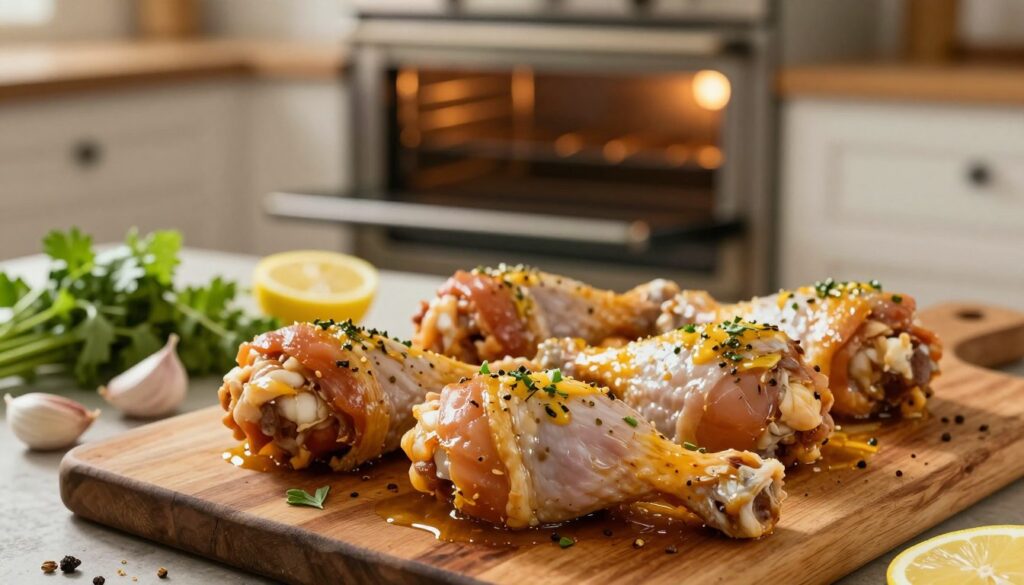 A beautifully arranged scene of marinated chicken drumsticks ready for baking. In the foreground, a close-up view of glistening chicken drumsticks coated with a rich, golden marinade, displaying herbs and spices glistening under soft, warm light. The middle ground features a rustic wooden cutting board adorned with fresh herbs, garlic cloves, and lemon slices, emphasizing the freshness of the ingredients. In the background, a well-worn oven door can be seen slightly ajar, hinting at the warmth inside, with gentle light spilling out. The atmosphere is cozy and inviting, evoking a sense of home cooking. The focus is sharp on the chicken, while the background is softly blurred, with warm kitchen tones that enhance the inviting mood of a heartwarming cooking session.