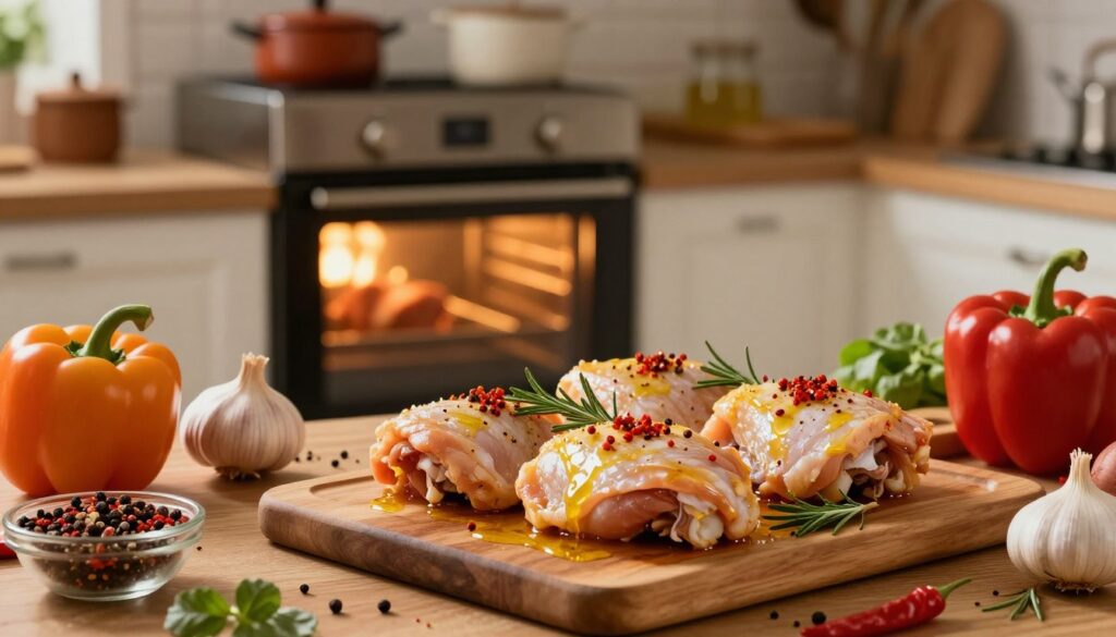 A beautifully arranged scene of marinated chicken thighs ready for baking, showcasing a variety of vibrant spices and herbs like paprika, garlic, and rosemary. In the foreground, a wooden cutting board holds the marinated chicken, glistening with olive oil, surrounded by fresh vegetables like bell peppers and onions. The middle ground features an oven preheating, with golden light emanating from its door, hinting at the warm, inviting atmosphere of home cooking. In the background, a cozy kitchen setting is visible, with rustic pots and kitchen utensils neatly arranged. The lighting is warm and soft, emphasizing the delicious textures of the chicken and the inviting environment. The mood is cheerful and homely, evoking the anticipation of a home-cooked meal.