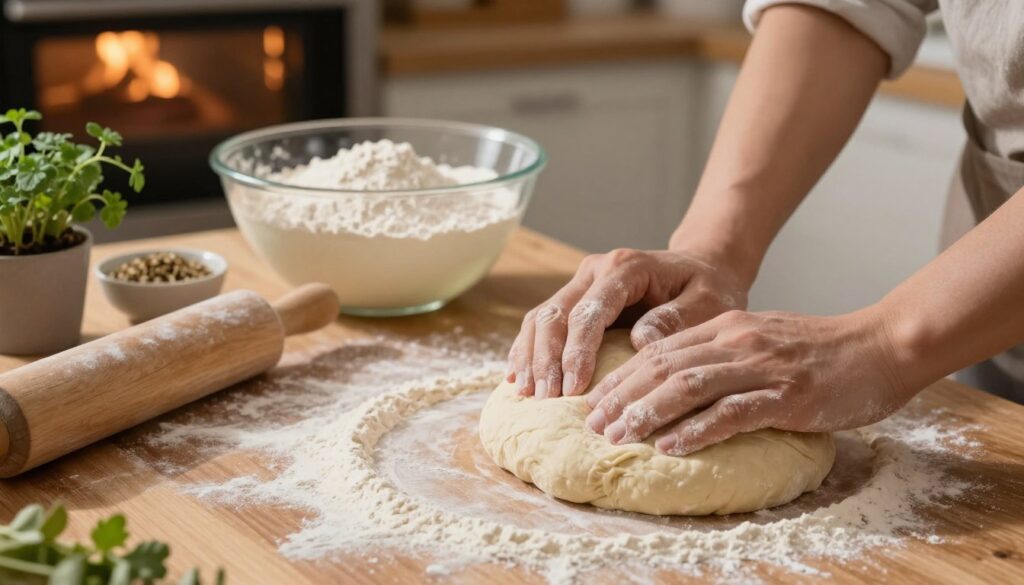 A beautifully arranged scene showcasing the process of making yeast pizza dough. In the foreground, a wooden countertop dusted with flour, with a large, round ball of dough, smooth and elastic, resting on it. Nearby, a rolling pin and a couple of flour-dusted hands kneading the dough. In the middle ground, a traditional mixing bowl filled with flour, yeast, and water, illustrating the ingredients essential for pizza dough. Soft, warm lighting bathes the scene, creating a cozy, inviting atmosphere. In the background, an unlit oven and a few fresh herbs in small pots, adding a touch of greenery. The angle captures the process of dough-making up close, emphasizing the texture and rich color of the ingredients, conveying the warmth and craft of homemade pizza preparation. A beautifully arranged scene showcasing the process of making yeast pizza dough. In the foreground, a wooden countertop dusted with flour, with a large, round ball of dough, smooth and elastic, resting on it. Nearby, a rolling pin and a couple of flour-dusted hands kneading the dough. In the middle ground, a traditional mixing bowl filled with flour, yeast, and water, illustrating the ingredients essential for pizza dough. Soft, warm lighting bathes the scene, creating a cozy, inviting atmosphere. In the background, an unlit oven and a few fresh herbs in small pots, adding a touch of greenery. The angle captures the process of dough-making up close, emphasizing the texture and rich color of the ingredients, conveying the warmth and craft of homemade pizza preparation.