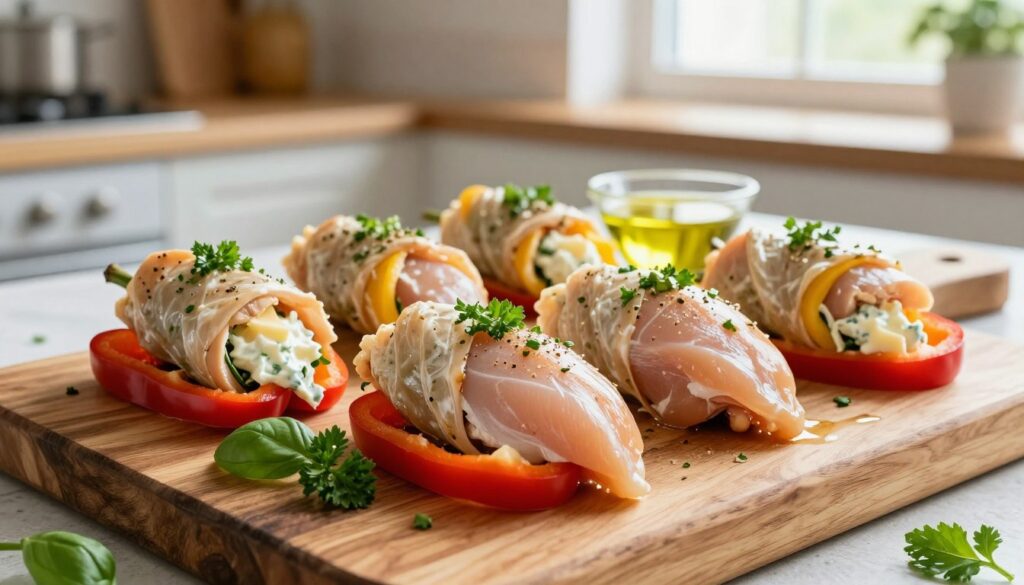 A beautifully arranged selection of ingredients for chicken roll-ups, featuring fresh chicken breasts, vibrant red and yellow bell peppers, creamy cheese, fresh herbs like basil and parsley, and olive oil, showcased on a rustic wooden cutting board. In the foreground, the chicken breasts are lightly seasoned, surrounded by the colorful peppers, scattered herbs, and a small bowl of olive oil. The middle ground includes a texturized background of a cozy kitchen setting, with soft, natural light streaming in from a nearby window, highlighting the freshness of the ingredients. The atmosphere is warm and inviting, perfect for showcasing a delicious home-cooked meal. The image is captured from a slightly elevated angle, creating an appetizing and inviting composition.