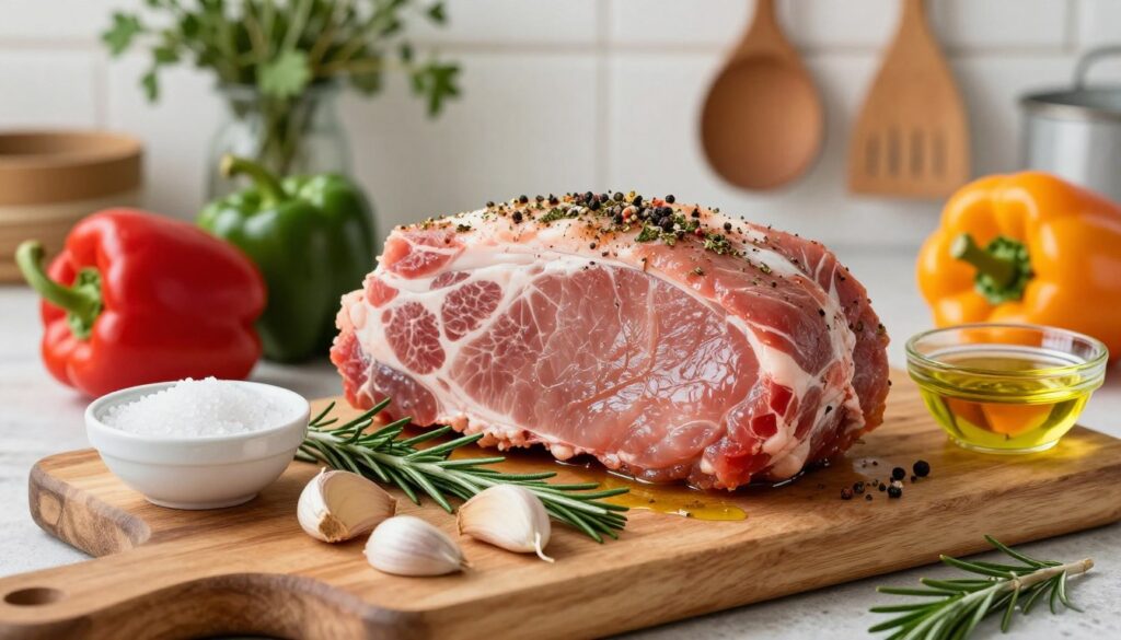 A beautifully arranged selection of ingredients for making a succulent roasted pork shoulder. In the foreground, a wooden cutting board displays fresh garlic cloves, sprigs of rosemary, and a bowl of coarse sea salt. In the middle, there’s a large piece of marbled pork shoulder seasoned with herbs and spices, glistening under soft, natural light. Surrounding it are colorful bell peppers and a drizzle of olive oil in a small glass dish. The background features a rustic kitchen setting with herbs hanging and cooking utensils, creating a warm and inviting atmosphere. The lighting is bright yet soft, emphasizing the freshness and appeal of the ingredients, perfect for a culinary article.