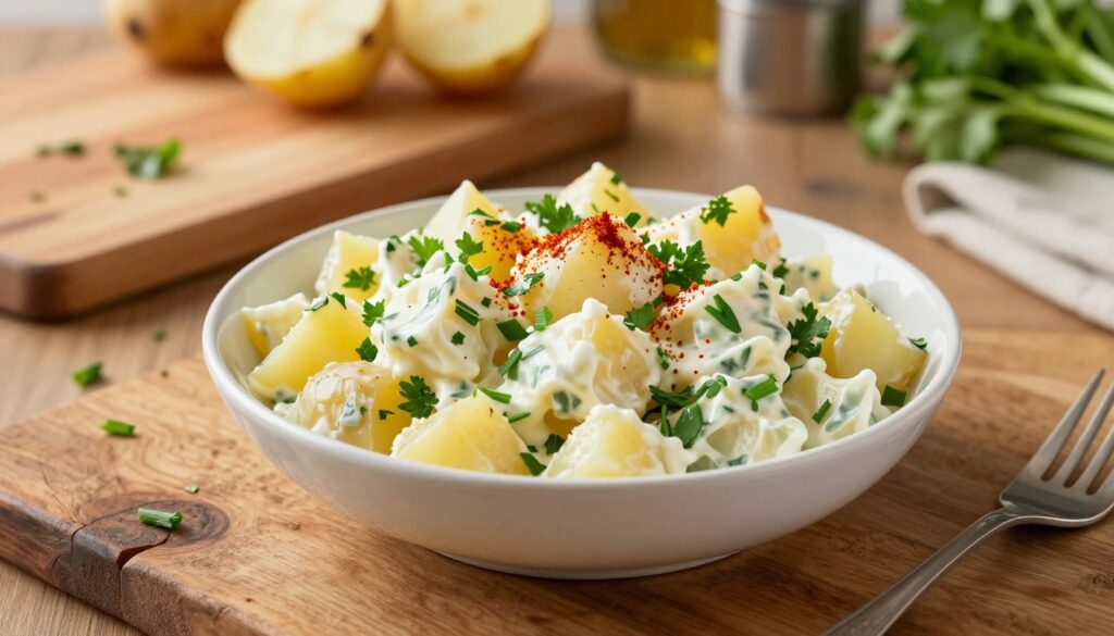 A beautifully arranged serving of warm potato salad, showcasing a creamy texture with vibrant colors. The dish features tender, diced potatoes mixed with fresh herbs like parsley and chives, and sprinkled with a hint of paprika for added visual appeal. In the foreground, a rustic wooden table adds warmth, while the middle ground highlights a simple, elegant white ceramic bowl cradling the salad. In the background, soft-focus kitchen elements such as a large cutting board, fresh vegetables, and kitchen utensils create a cozy cooking atmosphere. The lighting is warm and inviting, reminiscent of a sunny kitchen, emphasizing the freshness and hominess of the meal. The angle captures a top-down view that invites the viewer into the experience of enjoying a delicious homemade dish.