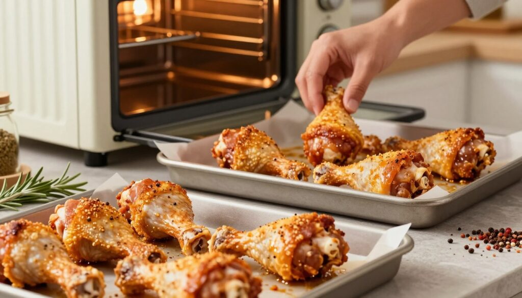 A beautifully arranged step-by-step depiction of crispy chicken drumsticks, highlighting the cooking process in an inviting kitchen setting. In the foreground, a close-up view of seasoned raw chicken drumsticks, marinated and ready for baking, with spices and herbs scattered around for visual interest. The middle ground features a golden-brown drumstick being carefully placed onto a baking tray, glistening under warm kitchen lighting, showcasing its crispy skin. In the background, an oven with the door slightly ajar, emanating a warm glow, hinting at the delicious outcome. The overall atmosphere is cozy and homey, filled with the aromas of cooking, creating a mouth-watering appeal. The composition captures the essence of a simple, yet delightful cooking experience, inviting the viewer to recreate this tempting dish. A beautifully arranged step-by-step depiction of crispy chicken drumsticks, highlighting the cooking process in an inviting kitchen setting. In the foreground, a close-up view of seasoned raw chicken drumsticks, marinated and ready for baking, with spices and herbs scattered around for visual interest. The middle ground features a golden-brown drumstick being carefully placed onto a baking tray, glistening under warm kitchen lighting, showcasing its crispy skin. In the background, an oven with the door slightly ajar, emanating a warm glow, hinting at the delicious outcome. The overall atmosphere is cozy and homey, filled with the aromas of cooking, creating a mouth-watering appeal. The composition captures the essence of a simple, yet delightful cooking experience, inviting the viewer to recreate this tempting dish.