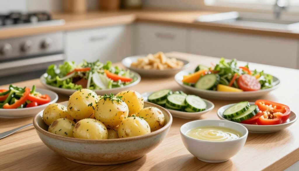 A beautifully arranged table featuring a variety of healthy alternatives to serve with potatoes, emphasizing what to avoid to keep them diet-friendly. In the foreground, a rustic ceramic bowl filled with steamed potatoes garnished with fresh herbs. Next to it, small bowls of light dressings and thinly sliced vegetables, such as cucumbers and bell peppers, showcase healthy additions. In the middle ground, a couple of plates with appealing, colorful salads complement the dish. The background features a soft-focus kitchen setting with natural light streaming in, casting a warm glow. The atmosphere is inviting and health-conscious, ideal for a diet-themed article. The composition highlights freshness and simplicity without any text or distractions.