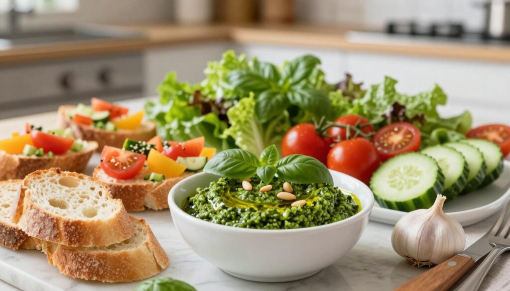 A beautifully arranged table featuring an inviting display of basil pesto alongside various fresh ingredients for spreads and salads. In the foreground, a small bowl of vibrant green pesto made from fresh basil, garlic, and pine nuts, garnished with a drizzle of olive oil. To the left, slices of crusty bread and colorful crostini are ready for dipping. In the middle ground, an array of fresh salad greens, cherry tomatoes, and sliced cucumbers complement the pesto theme, showcasing a healthy, appetizing look. The background features a blurred kitchen setting with natural light streaming in, creating a warm and welcoming atmosphere. The overall mood is fresh, vibrant, and ideal for quick, everyday meals.