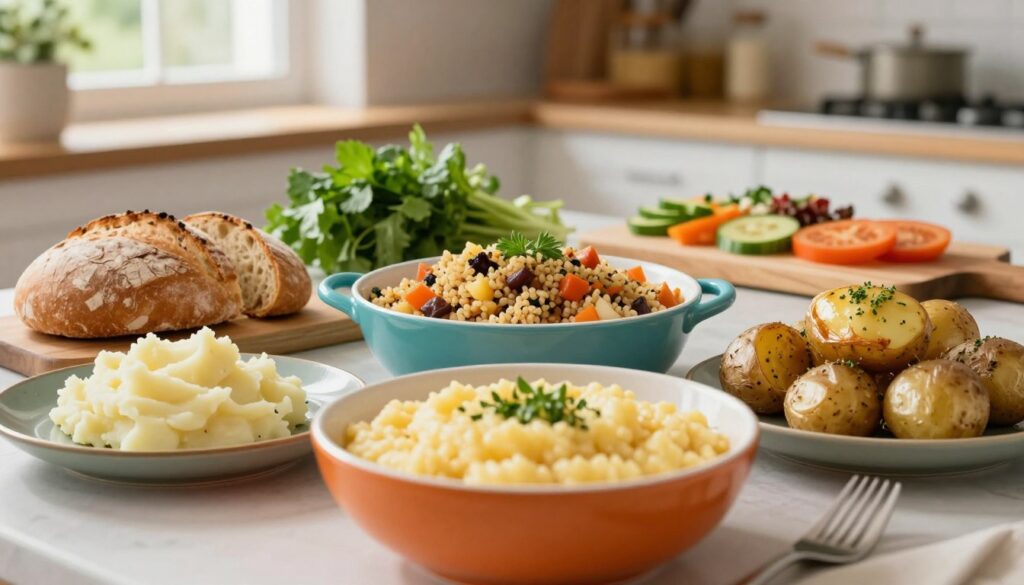 A beautifully arranged table setting showcasing various starchy side dishes that complement leczo. In the foreground, a vibrant bowl of creamy polenta, fluffy mashed potatoes, and baked potatoes with herbs. The middle layer features a colorful array of dishes: a rustic bread loaf, a pot of savory rice pilaf, and a warm quinoa salad with vegetables. In the background, a soft-focus kitchen scene with fresh herbs, a wooden cutting board, and sliced vegetables adds warmth. The lighting is soft and inviting, with natural daylight streaming in from a nearby window, enhancing the fresh colors of the food. The overall mood is cozy and inviting, perfect for a comforting meal. A beautifully arranged table setting showcasing various starchy side dishes that complement leczo. In the foreground, a vibrant bowl of creamy polenta, fluffy mashed potatoes, and baked potatoes with herbs. The middle layer features a colorful array of dishes: a rustic bread loaf, a pot of savory rice pilaf, and a warm quinoa salad with vegetables. In the background, a soft-focus kitchen scene with fresh herbs, a wooden cutting board, and sliced vegetables adds warmth. The lighting is soft and inviting, with natural daylight streaming in from a nearby window, enhancing the fresh colors of the food. The overall mood is cozy and inviting, perfect for a comforting meal.