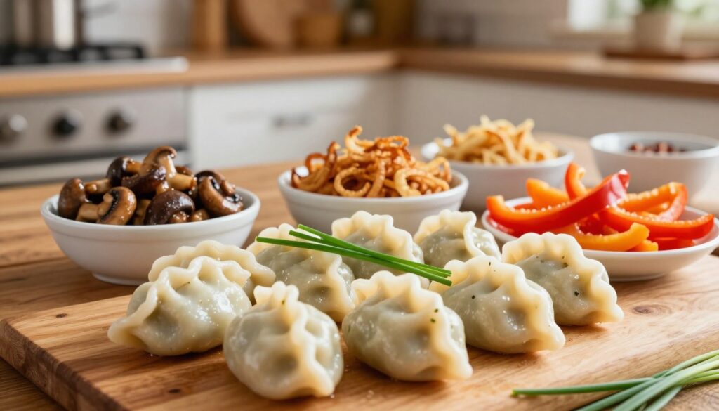 A beautifully arranged table showcasing traditional Silesian dumplings, clustered in the foreground, garnished with fresh chives and served alongside a variety of quick toppings and additions. In the middle, display small bowls of sautéed mushrooms, crispy fried onions, and colorful bell pepper strips, all set against a rustic wooden table. In the background, there's a softly lit kitchen ambiance, with blurred hints of cooking utensils and a warm, inviting atmosphere. The lighting is warm and natural, creating a cozy feel, captured from a slightly elevated angle, giving a sense of home-cooked charm. The overall mood is inviting and appetizing, ideal for a comforting meal setting.