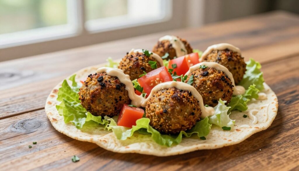 A beautifully arranged tortilla filled with golden-brown falafel balls, crisp lettuce, vibrant diced tomatoes, and a drizzle of creamy tahini sauce. The tortilla is placed on a rustic wooden table, garnished with fresh herbs for an inviting touch. In the background, soft natural light filters through a window, creating a warm and welcoming atmosphere. The scene is shot from a slightly elevated angle, allowing viewers to appreciate the texture of the falafel and the colorful ingredients. Subtle shadows enhance the depth, emphasizing the freshness of the wrap. The overall mood is appetizing and casual, perfect for showcasing a delicious meal featuring falafel in a tortilla.