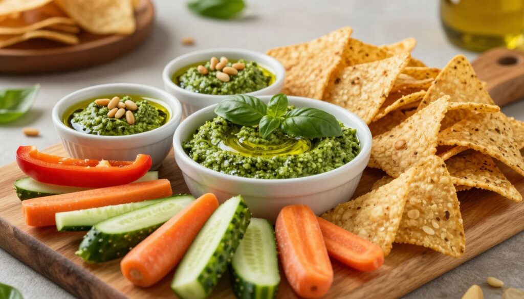 A beautifully arranged tray featuring a vibrant green basil pesto dip at the center, complemented by an assortment of crunchy snacks. In the foreground, a rustic wooden board displays colorful vegetable sticks like bell peppers, cucumbers, and carrots, alongside crispy nachos and artisan breadsticks. The middle ground showcases small bowls of pesto, drizzled with olive oil and garnished with pine nuts and fresh basil leaves. The background features soft lighting with a warm, inviting atmosphere, creating a cozy gathering feel, perfect for a party. The scene is captured from a slightly elevated angle to emphasize the vibrant colors and textures of the dips and snacks, inviting viewers to indulge in a delightful snack experience.