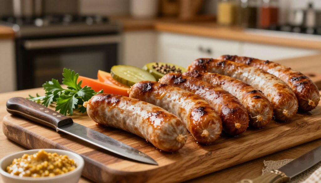 A beautifully arranged wooden platter showcasing a variety of artisanal kiełbasy, with golden-brown, smoked sausages glistening under soft, warm lighting. In the foreground, a rustic knife and a small dish of mustard add an inviting touch. The middle ground features an assortment of colorful garnishes like fresh herbs and slices of pickles, creating a vibrant contrast against the rich tones of the sausages. The background suggests a cozy kitchen setting with a blurred oven and shelves of spices, conveying a homey atmosphere. The composition is intimate and rustic, evoking a sense of warmth and traditional cooking. The scene should be captured from a slightly elevated angle to emphasize the textures and details of the kiełbasy on the platter.