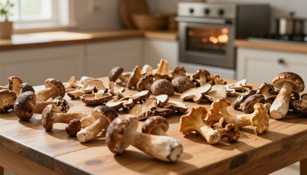 A beautifully arranged wooden table covered with a variety of mushrooms suitable for drying. In the foreground, there are fresh porcini and chanterelle mushrooms, showcasing their unique shapes and colors. The middle ground features sliced shiitake and dried specimens, emphasizing their textures and differences. In the background, a rustic kitchen setting with a softly glowing oven in warm light creates a cozy atmosphere. Sunlight streams in through a nearby window, casting gentle shadows and highlighting the rich colors of the mushrooms. The scene conveys a sense of warmth and home, inviting viewers into the traditional practice of mushroom drying. The composition is shot with a shallow depth of field, focusing sharply on the mushrooms while softly blurring the background.