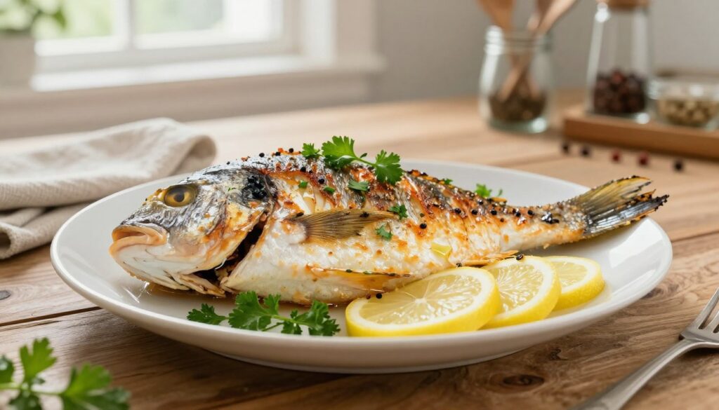 A beautifully baked dorada fish presented on an elegant white plate, garnished with fresh herbs like parsley and lemon slices. The fish should have a golden, crispy skin, with a slight sheen indicating juiciness. In the foreground, focus on the texture of the fish and the vibrant colors of the garnishes. The middle ground features a rustic wooden table, subtly accented by a linen napkin. In the background, soft-focus kitchen elements like utensils and spices suggest a warm, inviting home cooking atmosphere. Natural light streams in from a nearby window, casting a gentle glow on the dish, highlighting its freshness and appeal. The overall mood should be one of comfort and appetizing warmth, ideal for showcasing a simple and delicious baked fish recipe.