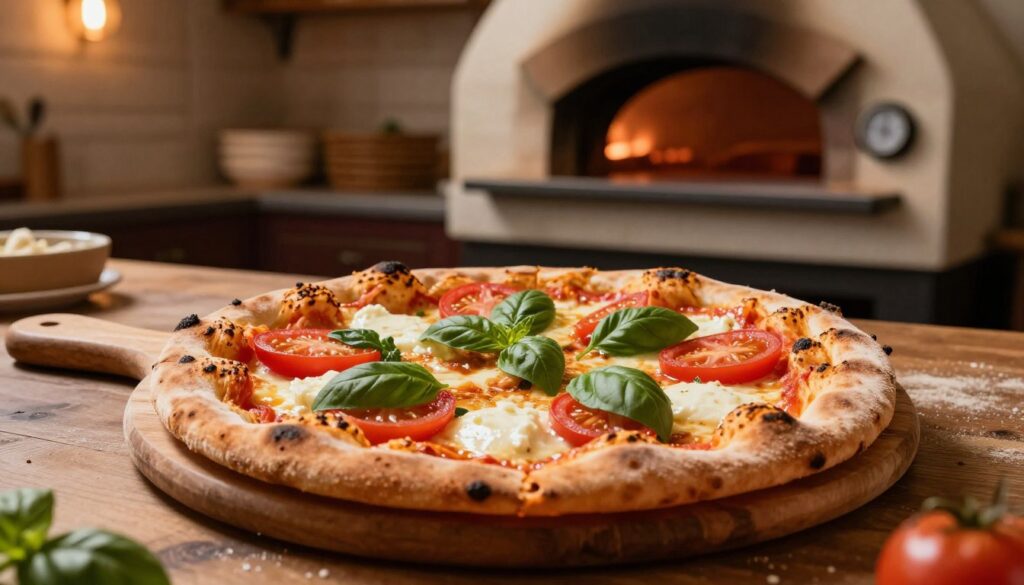 A beautifully baked pizza resting on a wooden peel, showcasing a perfectly golden crust with slight char marks, surrounded by vibrant toppings like fresh basil, sliced tomatoes, and melted mozzarella. In the foreground, the pizza stands out with a close-up view, highlighting the textures of the crust and cheese. The middle ground reveals an artisan kitchen equipped with a stone oven, and an oven timer indicating the ideal baking time. The background features a rustic kitchen ambiance, with warm, inviting lighting casting soft shadows, enhancing the cozy atmosphere. Capture this scene from an angle that draws the viewer's eye toward the pizza, evoking a sense of warmth and culinary delight, perfect for inspiring readers about the art of baking pizza.