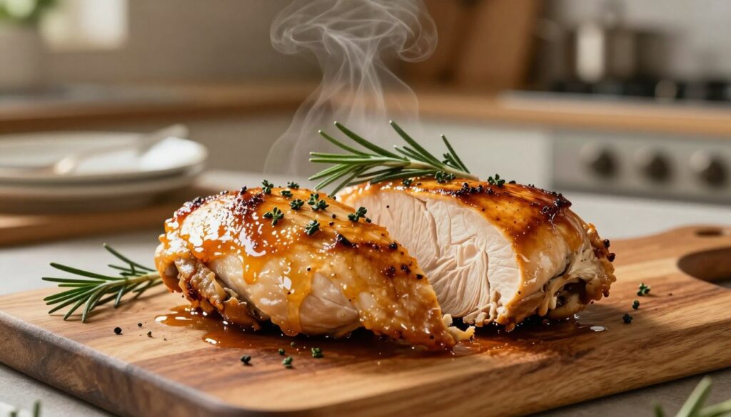 A beautifully cooked chicken breast, glistening with a golden-brown glaze, is the focal point of the image. The foreground features the juicy chicken, sliced to reveal its tender, moist interior, garnished with fresh herbs like rosemary and thyme. In the middle, a rustic wooden cutting board is set against a backdrop of a softly lit kitchen, with hints of warm, ambient lighting illuminating the scene to enhance the mouth-watering appeal. Steam rises gently from the chicken, creating an inviting atmosphere. The background includes blurred kitchen utensils and a tastefully arranged plate, evoking a sense of home-cooked comfort and inviting viewers to savor the essence of a delicious, oven-roasted meal.