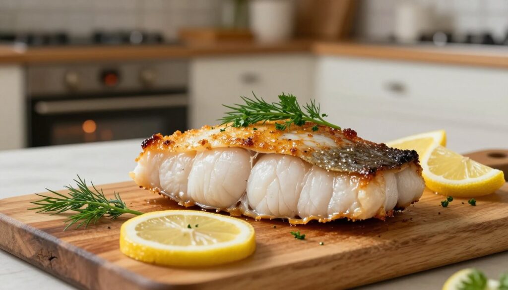 A beautifully cooked fillet of cod, resting on a rustic wooden cutting board, elegantly garnished with fresh herbs like dill and parsley. In the foreground, the glistening, golden-brown crispy skin shows a slight sheen from the oven, while the flaky, juicy white flesh is visible, suggesting perfect doneness. Surrounding the fish, slices of lemon add a vibrant burst of color. In the middle ground, a cozy kitchen setting with an oven in the background, glowing with warm light, adds to the inviting atmosphere. The soft lighting highlights the textures of the fish and wood, creating a warm ambiance. An overhead angle captures the delicious details and evokes a sense of homely comfort, enticing viewers to appreciate the cooking process. A beautifully cooked fillet of cod, resting on a rustic wooden cutting board, elegantly garnished with fresh herbs like dill and parsley. In the foreground, the glistening, golden-brown crispy skin shows a slight sheen from the oven, while the flaky, juicy white flesh is visible, suggesting perfect doneness. Surrounding the fish, slices of lemon add a vibrant burst of color. In the middle ground, a cozy kitchen setting with an oven in the background, glowing with warm light, adds to the inviting atmosphere. The soft lighting highlights the textures of the fish and wood, creating a warm ambiance. An overhead angle captures the delicious details and evokes a sense of homely comfort, enticing viewers to appreciate the cooking process.