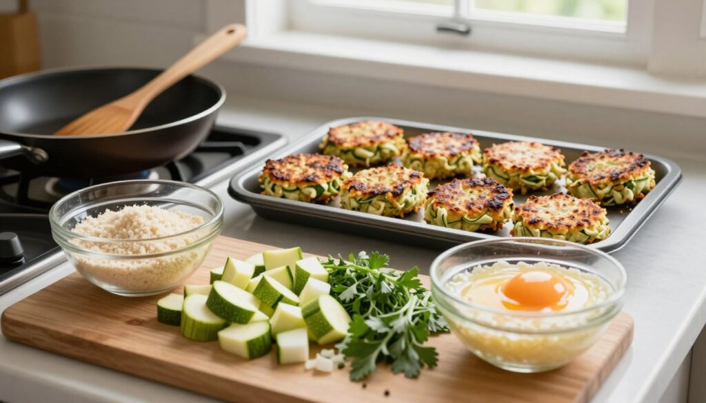 A beautifully organized kitchen countertop with an assortment of ingredients for making zucchini patties. In the foreground, a cutting board holds finely chopped zucchini, onions, and herbs, alongside a bowl mixing breadcrumbs and eggs. A frying pan can be seen on the stove, preheating, with a wooden spatula resting nearby. In the middle ground, a tray of freshly baked zucchini patties is prominently displayed, golden brown and slightly crispy, capturing the essence of a healthy, delicious meal. The background features soft, natural lighting coming from a window, enhancing the warmth of the scene and creating an inviting atmosphere. The angle is slightly overhead, providing a clear view of the preparation process, emphasizing the step-by-step nature of making the dish. A beautifully organized kitchen countertop with an assortment of ingredients for making zucchini patties. In the foreground, a cutting board holds finely chopped zucchini, onions, and herbs, alongside a bowl mixing breadcrumbs and eggs. A frying pan can be seen on the stove, preheating, with a wooden spatula resting nearby. In the middle ground, a tray of freshly baked zucchini patties is prominently displayed, golden brown and slightly crispy, capturing the essence of a healthy, delicious meal. The background features soft, natural lighting coming from a window, enhancing the warmth of the scene and creating an inviting atmosphere. The angle is slightly overhead, providing a clear view of the preparation process, emphasizing the step-by-step nature of making the dish.