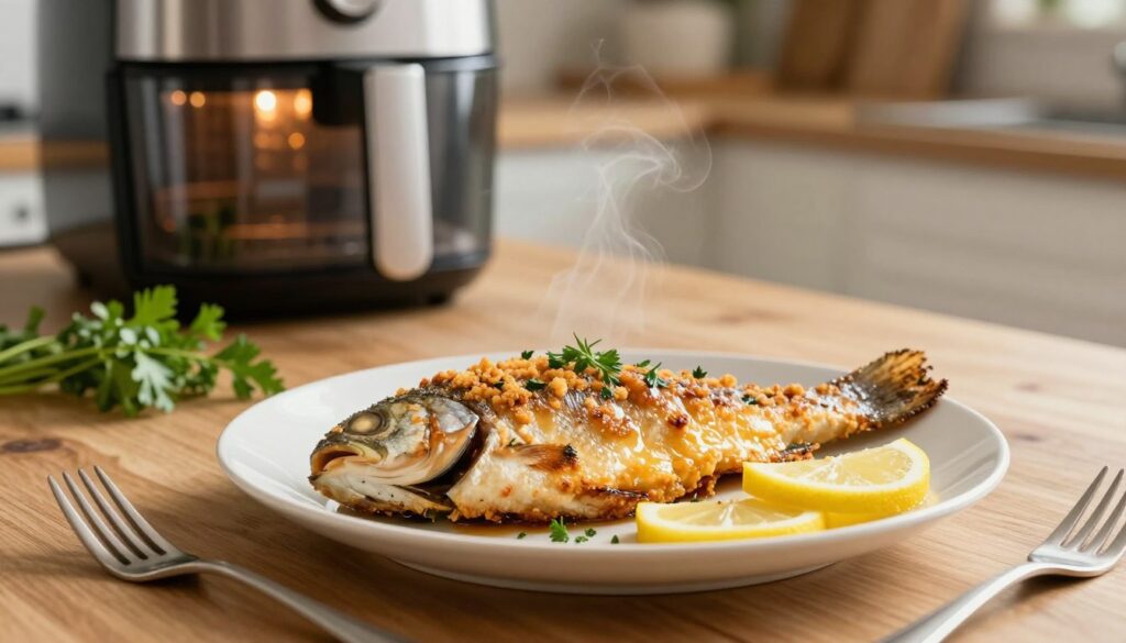 A beautifully plated air-fried trout, glistening with a light golden-brown crust, sits on a pristine white plate garnished with fresh herbs and lemon slices. In the foreground, the trout's crisp skin is visible, with steam subtly rising to indicate freshness. The middle ground features a wooden table setting with a simple, rustic charm; a few sprigs of parsley and a fork elegantly placed beside the plate enhance the presentation. In the background, a softly blurred kitchen scene with a modern air fryer, glowing warm light reflecting off its sleek surfaces, creates an inviting atmosphere. The overall mood is cozy and appetizing, inviting the viewer to feel inspired to try this healthy dish. The lighting is warm and natural, suggesting a late afternoon meal, and the image is captured from a slightly elevated angle to highlight the exquisite details of the dish. A beautifully plated air-fried trout, glistening with a light golden-brown crust, sits on a pristine white plate garnished with fresh herbs and lemon slices. In the foreground, the trout's crisp skin is visible, with steam subtly rising to indicate freshness. The middle ground features a wooden table setting with a simple, rustic charm; a few sprigs of parsley and a fork elegantly placed beside the plate enhance the presentation. In the background, a softly blurred kitchen scene with a modern air fryer, glowing warm light reflecting off its sleek surfaces, creates an inviting atmosphere. The overall mood is cozy and appetizing, inviting the viewer to feel inspired to try this healthy dish. The lighting is warm and natural, suggesting a late afternoon meal, and the image is captured from a slightly elevated angle to highlight the exquisite details of the dish.