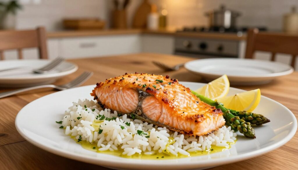 A beautifully plated baked salmon fillet, glistening with a golden crust, is positioned prominently in the foreground. Surrounding the salmon are vibrant, colorful side dishes: fluffy white rice garnished with fresh herbs, roasted asparagus with a light drizzle of olive oil, and lemon wedges for added zest. In the middle ground, there is a refined wooden dining table set with elegant tableware, including polished forks and plates, enhancing the culinary presentation. The background softly fades into a warm, inviting kitchen with ambient lighting, suggesting a cozy dining atmosphere. The overall mood is one of gourmet elegance and comfort, perfect for a delectable meal.